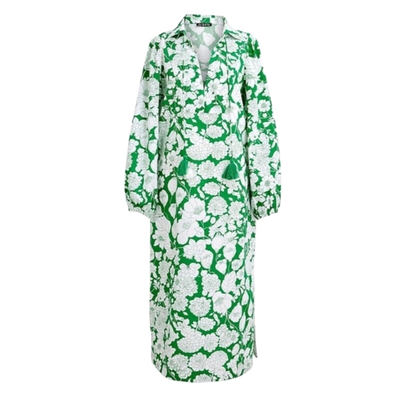 J. Crew V-neck tunic dress in Kelly GREEN White floral cotton poplin Size Medium - Picture 3 of 11